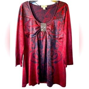 🌹One World~ Live and let live. Red and black blouse. Size PM.  V-17